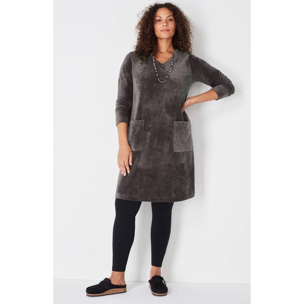 J. Jill Grey Velour V-Neck Long Sleeve Pocket Dress Women's Size Small